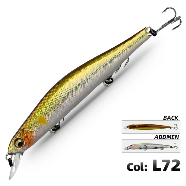 Gold and silver minnow fishing lure with dark treble hooks, side view