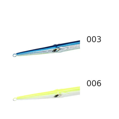 Sinking pencil lure set: blue/silver (003) and chartreuse/lime (006), treble hooks