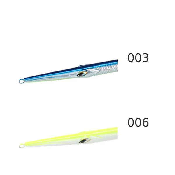 Sinking pencil lure set: blue/silver (003) and chartreuse/lime (006), treble hooks