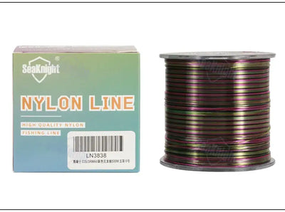 Multicolor nylon fishing line spool with matching product box.