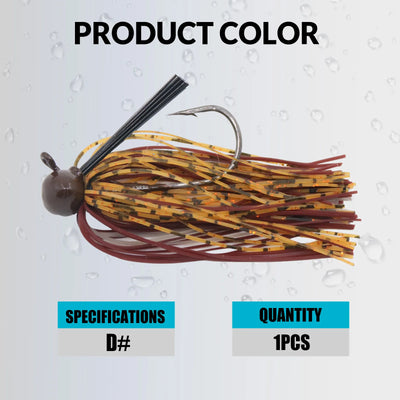 Chatterbait-style jig with brown/orange skirt and dark jig head