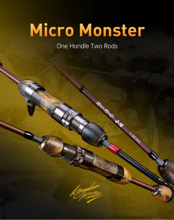 Micro monster fishing rod set with camouflage handle, reel seat, and guide rings
