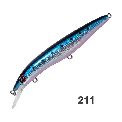 Blue metallic floating minnow hard fishing lure, black back, triple treble hooks