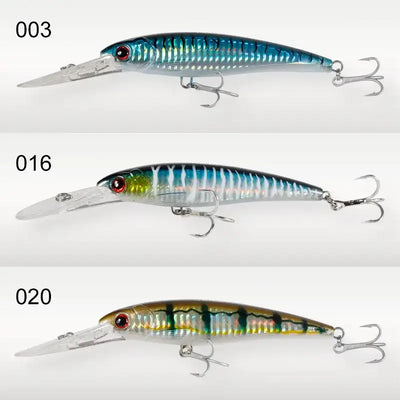 Trolling minnow wobbler 3-pack with blue, blue-green, and olive-gold lures