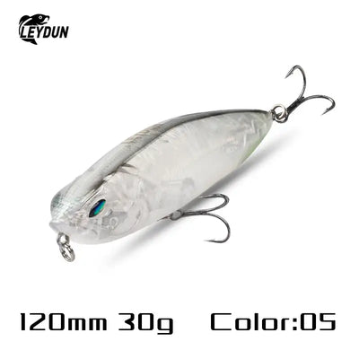 LeyDun Z-Claw floating pencil stickbait in translucent silver with blue eye, metallic finish, and two BKK treble hooks