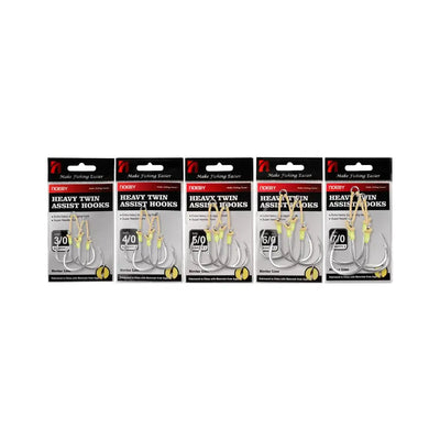 Twin assist jig hook packages for sizes 3/0, 4/0, 5/0, 6/0, and 7/0