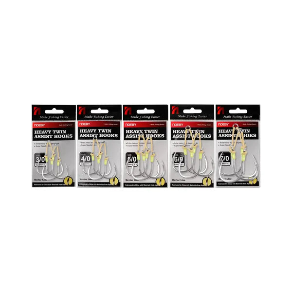Twin assist jig hook packages for sizes 3/0, 4/0, 5/0, 6/0, and 7/0