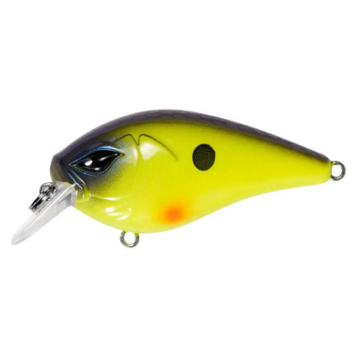 Yellow-green floating crankbait lure with dark eye, subtle spots, and lip