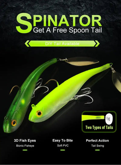 Neon green swimbait spinner lure with metal blade and treble hooks