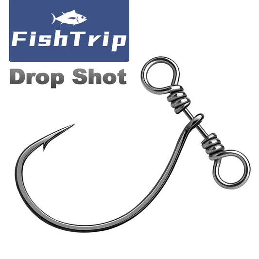 Drop shot fishing hook with swivel, dark metal spring coil and twin rings