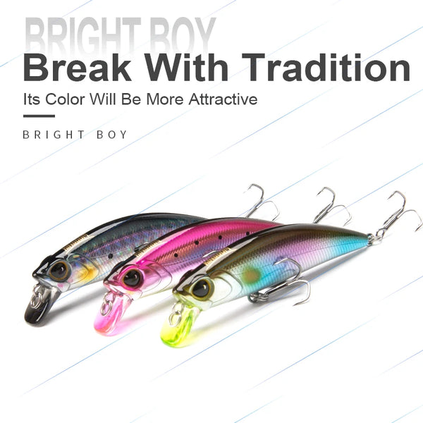 Set of three sinking minnow lures, pink, blue, and green bodies with treble hooks