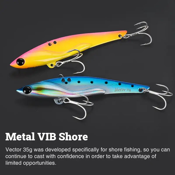 Metal vibration fishing lure pair, yellow top and silver bottom with treble hooks