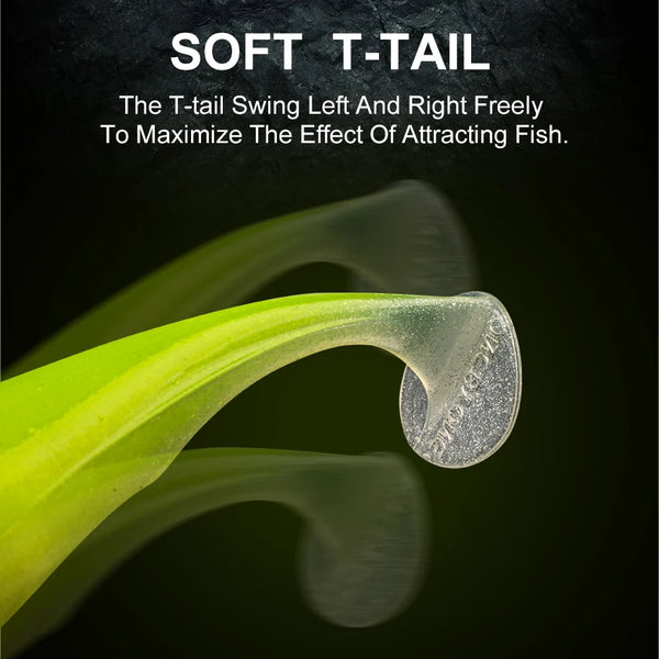 Soft T-tail lure close-up, clear white T-tail fin on yellow-green body