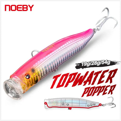 Pink and yellow topwater fishing lure with clear body, treble hook and metal rings