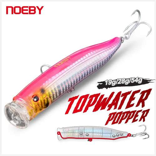 Pink and yellow topwater fishing lure with clear body, treble hook and metal rings