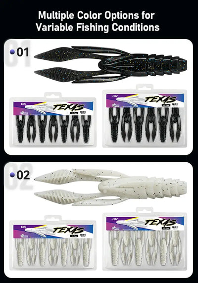 Set of soft plastic fishing lures, black speckled paddle-tail grubs