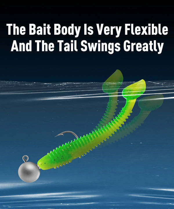 Neon green T-tail soft plastic fishing lure with silver jig head and forked tail