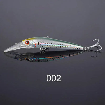 Trolling minnow fishing lure, silver-white with rainbow dots, red eye, clear lip, 2 treble hooks