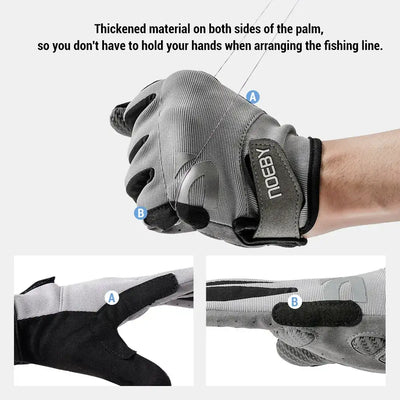 Noeby gray palm-padded fishing glove on wrist with close-up grip details