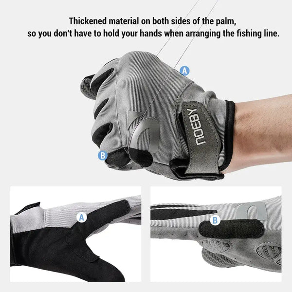 Noeby gray palm-padded fishing glove on wrist with close-up grip details