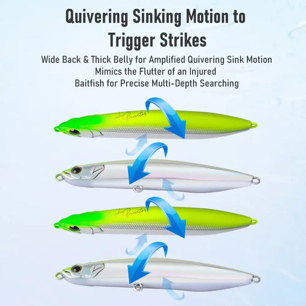 Two-tone sinking pencil lure set: lime green top and white belly, with treble hooks.