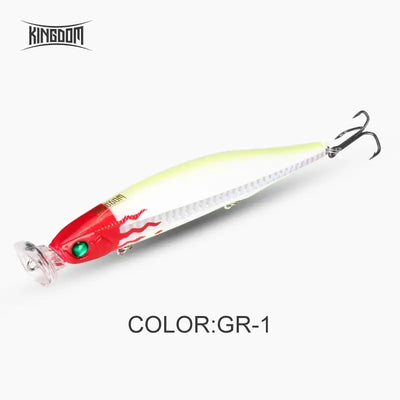 Floating pencil popper fishing lure, red head and yellow-green body with green eye