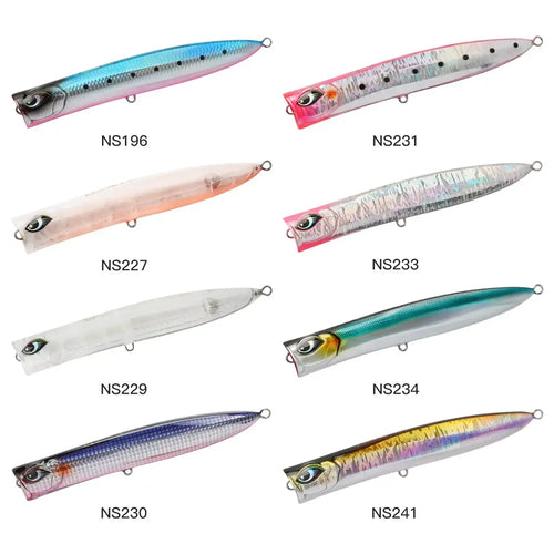 Set of slim popper fishing lures in multiple colors, each with two treble hooks