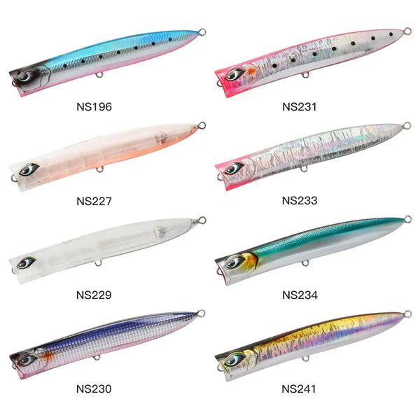 Set of slim popper fishing lures in multiple colors, each with two treble hooks