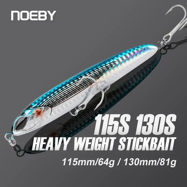 NOEBY hard stickbait fishing lure, white with blue metallic stripes and metal hooks