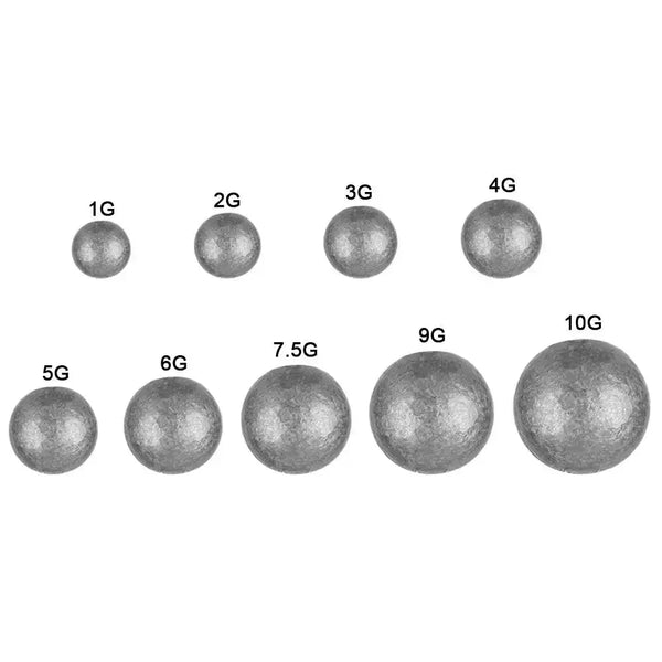 Assorted sizes of dark gray round lead ball sinkers, 1g to 10g