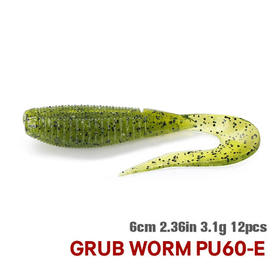 Green speckled soft plastic grub worm lure, 6cm, 12pcs (PU60-E)
