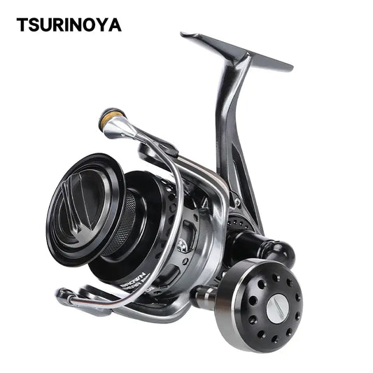 Spinning fishing reel with black spool and silver bail arm