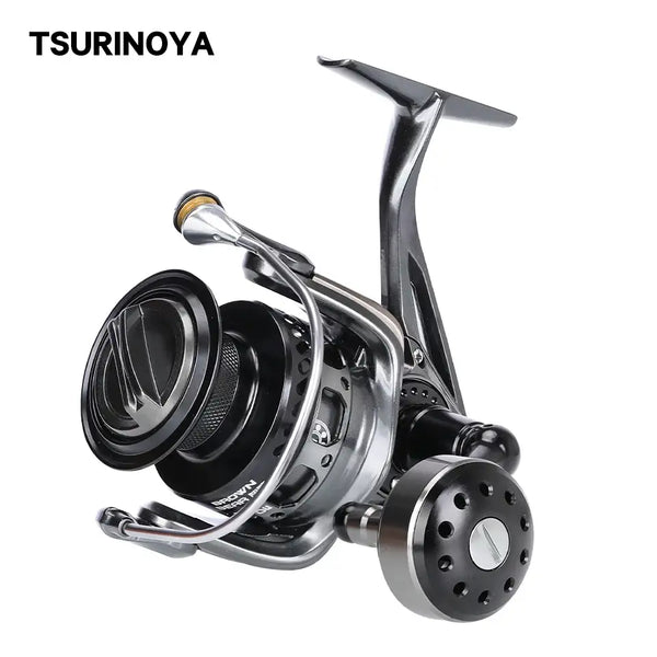 Spinning fishing reel with black spool and silver bail arm