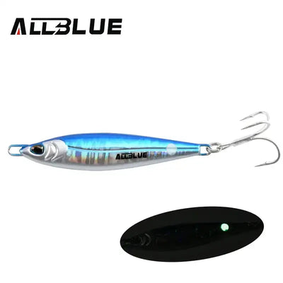 ALLBLUE metal jigging spoon lure, light blue holographic body with treble hook