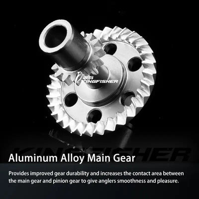 Spinning reel main gear in aluminum alloy with black spool housing