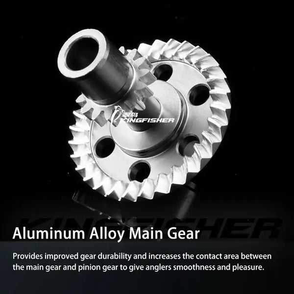 Spinning reel main gear in aluminum alloy with black spool housing