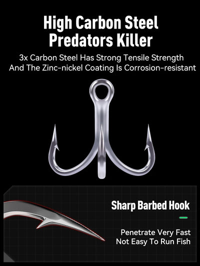 Three-prong treble hook for fishing lure; sharp barbed hook close-up