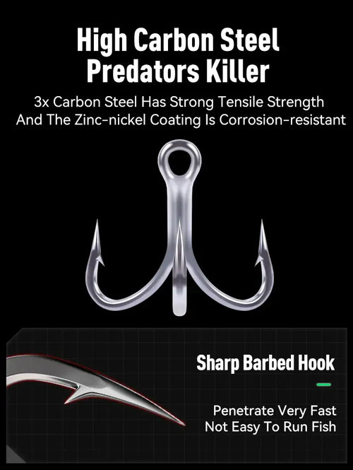 Three-prong treble hook for fishing lure; sharp barbed hook close-up