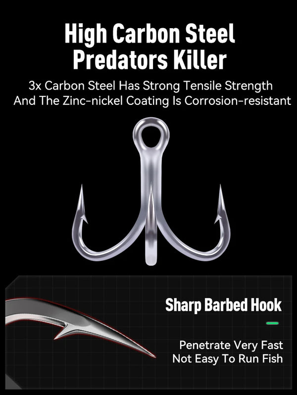 Three-prong treble hook for fishing lure; sharp barbed hook close-up
