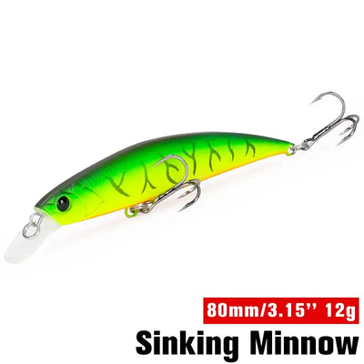Sinking minnow fishing lure, neon green and yellow accents with treble hooks