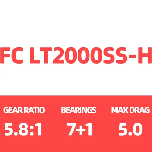 Spinning reel label: FC LT2000SS-H, Gear Ratio 5.8:1, 7+1 bearings, Max Drag 5.0