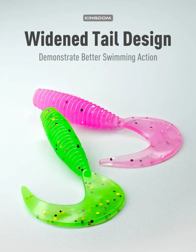 Soft plastic paddle tail lure pair, pink and lime-green with speckled fin tails