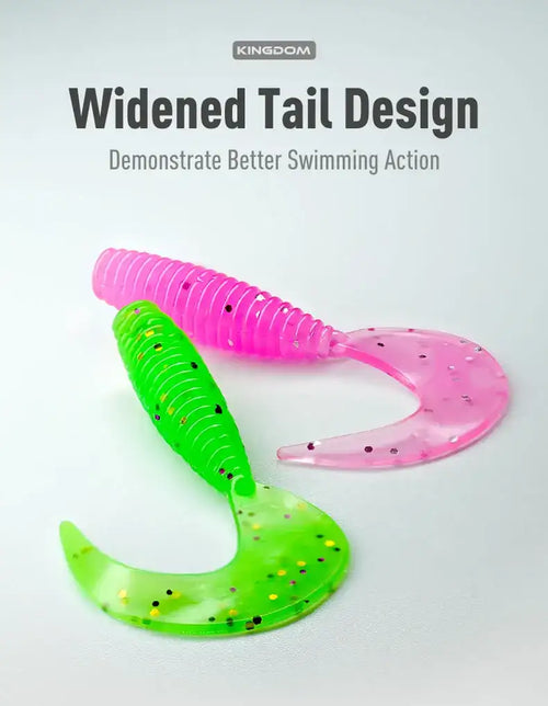 Soft plastic paddle tail lure pair, pink and lime-green with speckled fin tails