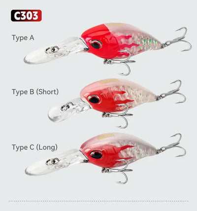 Set of three floating crankbait minnow lures in red and silver with treble hooks