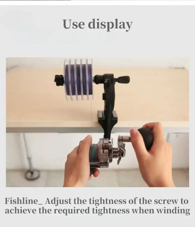 Fishing line winder with adjustable table clamp, spool holder, and crank handle in use