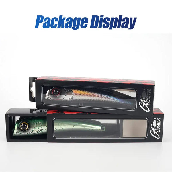 Fishing lure in retail box package display with clear window and two lure images