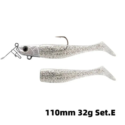 Soft T-tail fishing lure set with treble hook, silver-white glitter speckled, 110mm 32g
