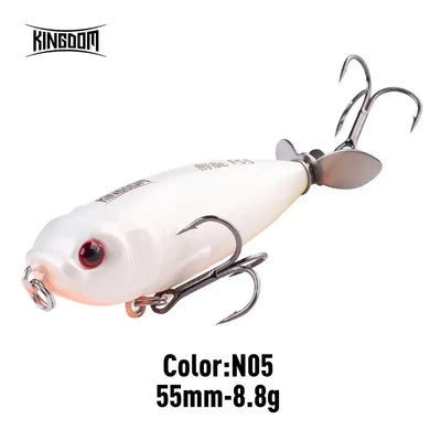 White topwater pencil lure with silver propeller tail and red eye, double treble hooks