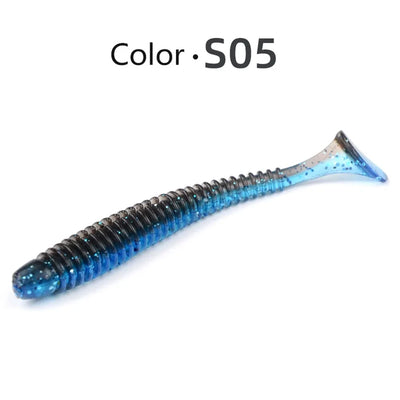 Soft paddle-tail swimbait lure, blue glitter body with dark segments (Color S05).