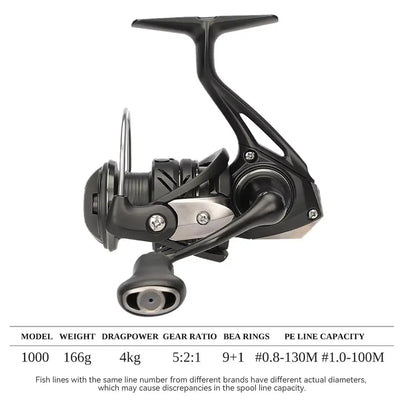 Spinning fishing reel with black frame, silver spool, and crank handle, front view.